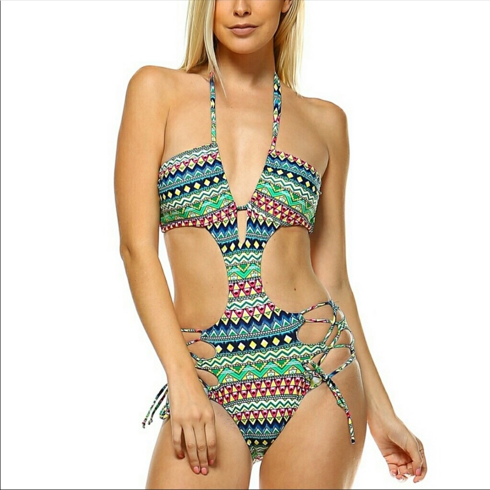 Green Multi Color Cut Out One Piece Monokini Bathing Suit